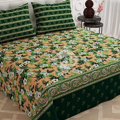 beige green floral bedsheet