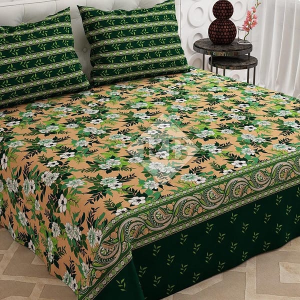 beige green floral bedsheet