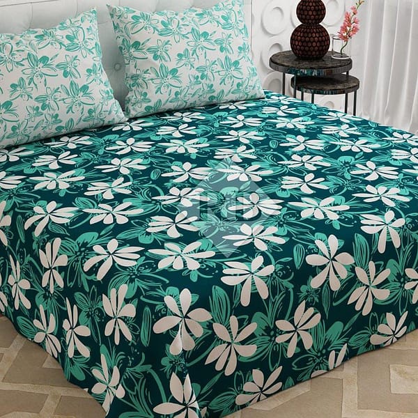 teal floral printed cotton bed sheet